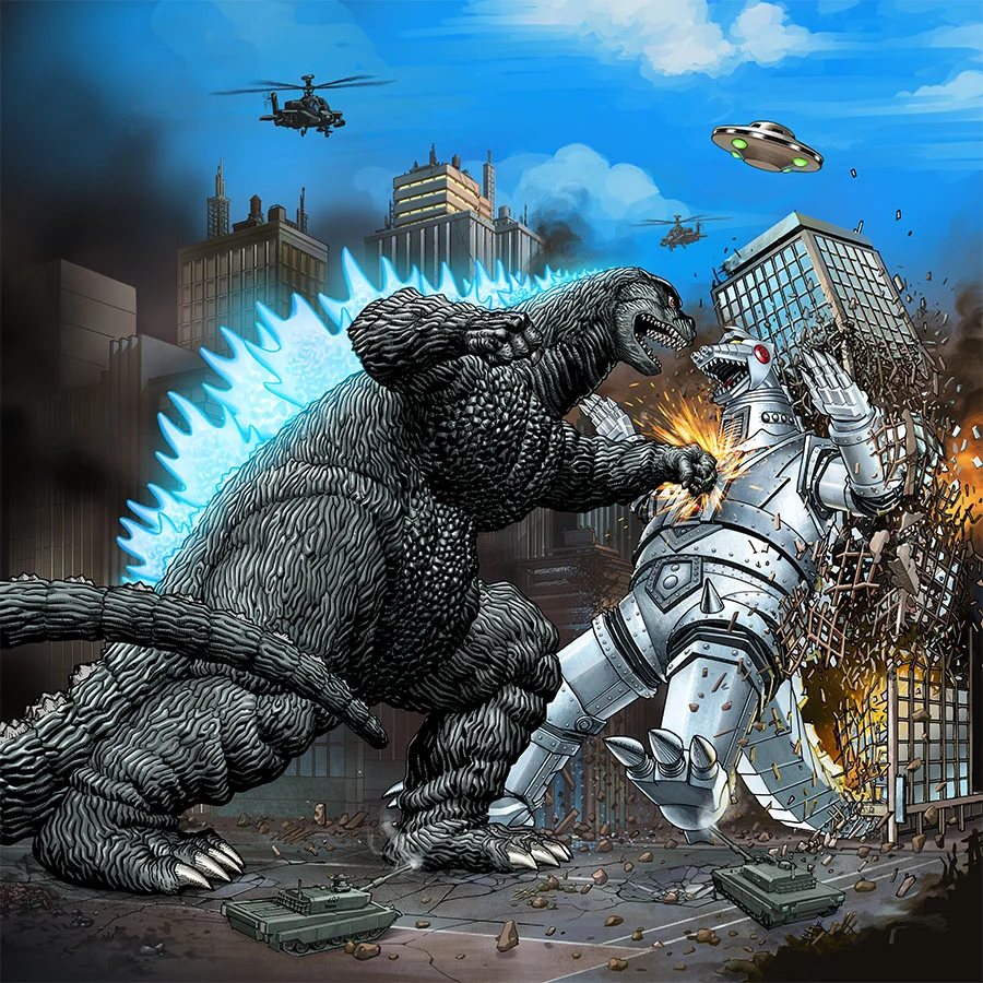 Key art of Heisei Godzilla punching Showa Mechagodzilla through a city