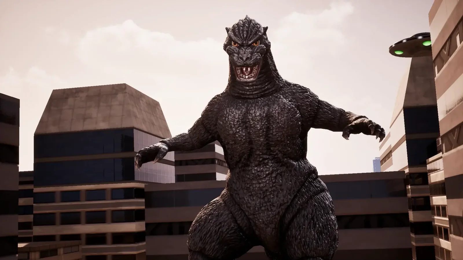 Heisei Godzilla roaring in a remastered city with a Vortaak UFO overhead