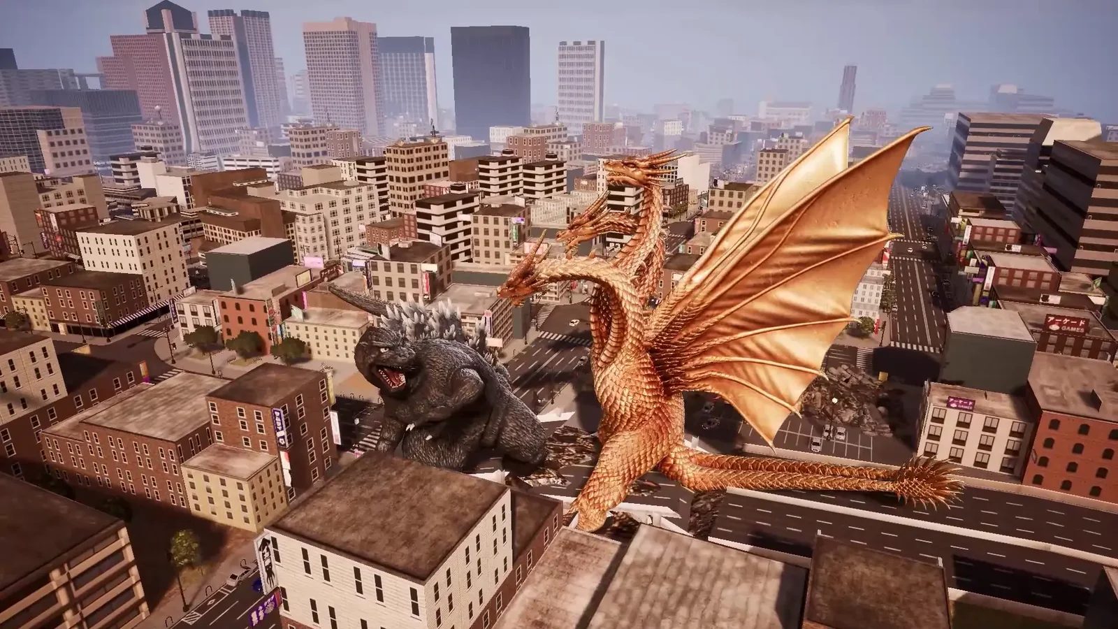 Godzilla fighting King Ghidorah in a remastered city