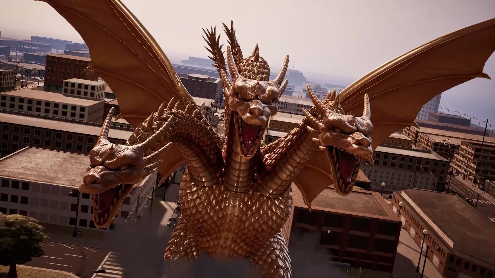 King Ghidorah roaring over a city in the remaster