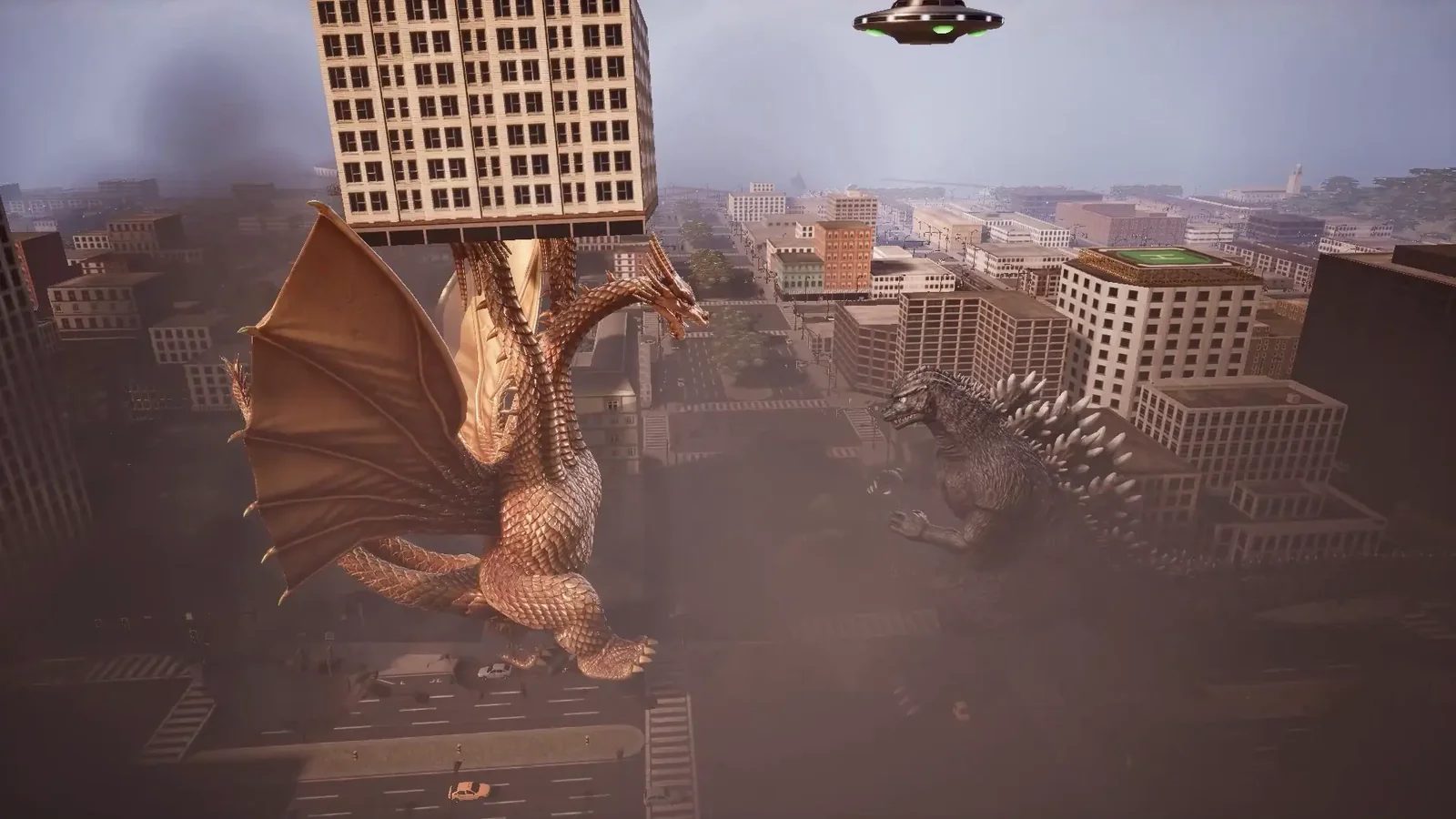 King Ghidorah throwing a skyscraper at Godzilla while a UFO watches